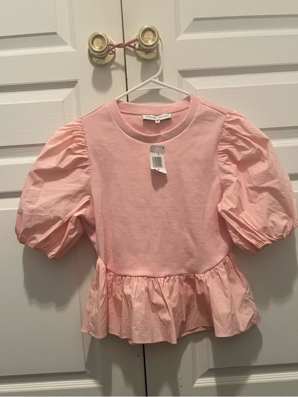 English Factory Pink Puff-Sleeve Peplum Sweatshirt